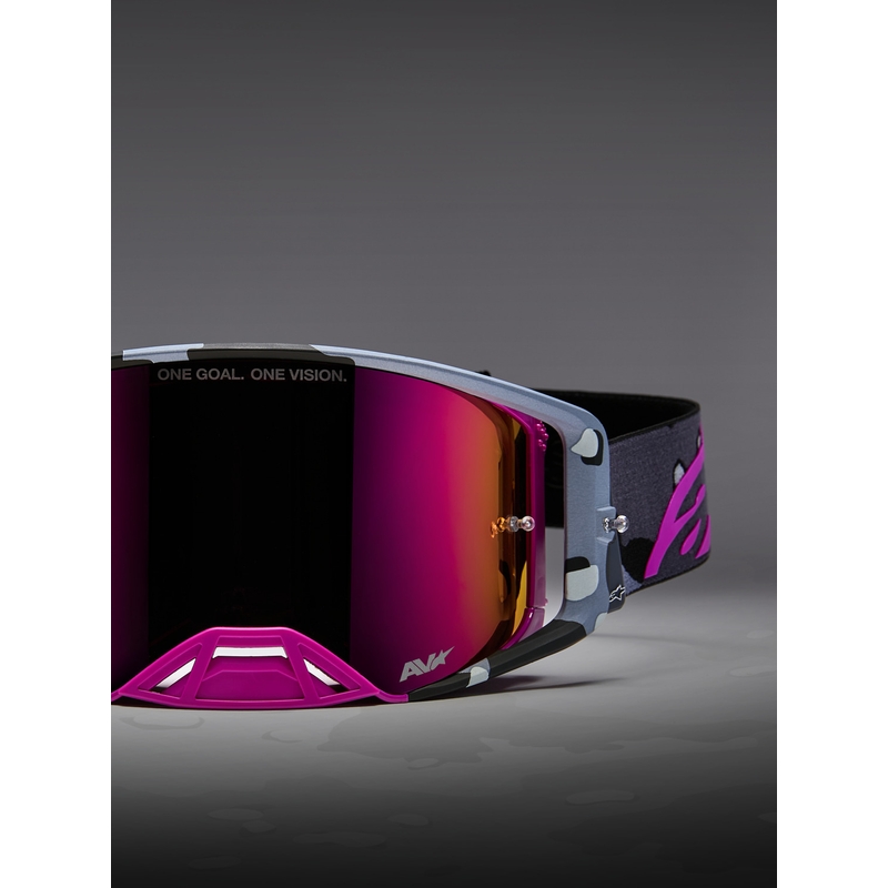 „Alpinestars Supertech Lone“ violetiniai maskuojantys motokroso akiniai su veidrodiniu rožiniu plexiglasu