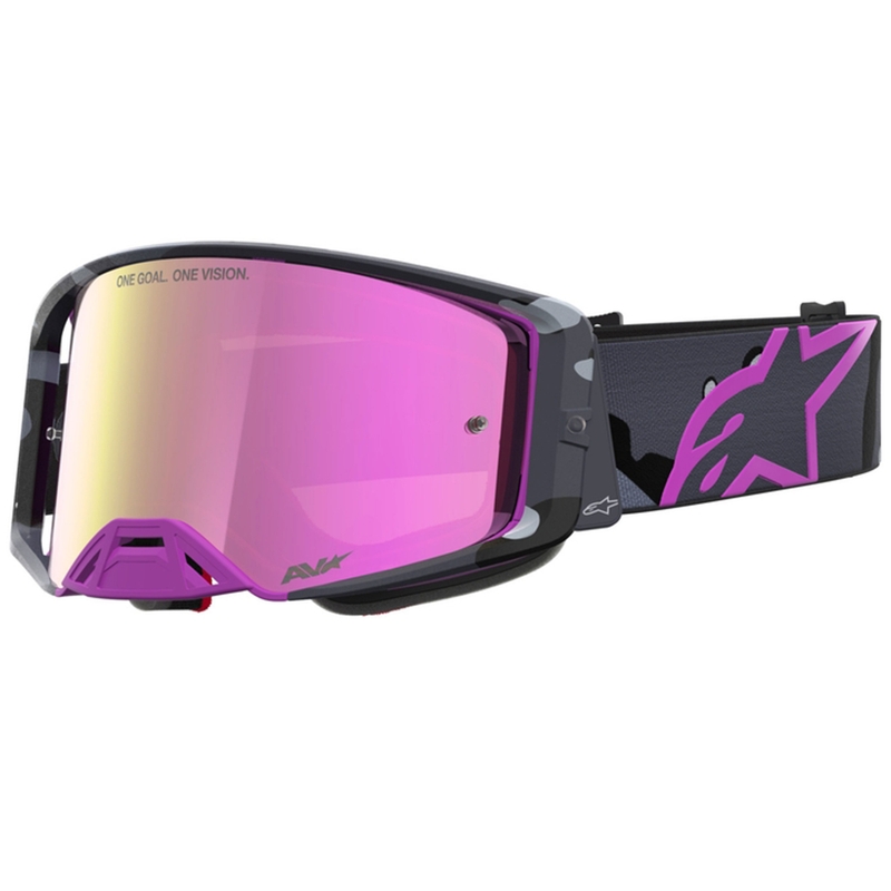 „Alpinestars Supertech Lone“ violetiniai maskuojantys motokroso akiniai su veidrodiniu rožiniu plexiglasu