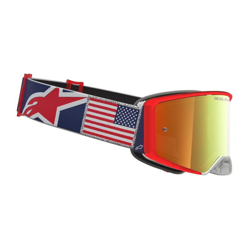 „Alpinestars Supertech Fiftyfold“ motokroso akiniai mėlyni-raudoni-balti su veidrodiniu raudonu plexiglasu