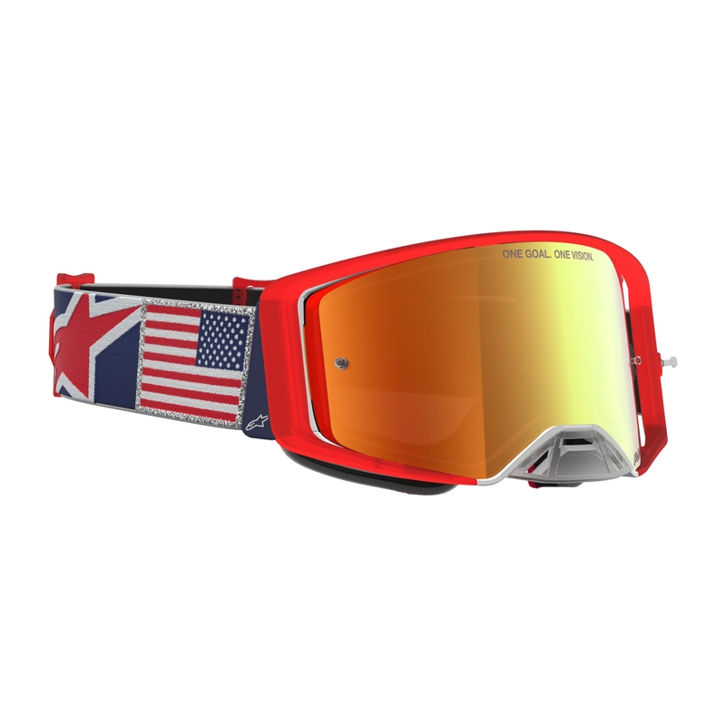 „Alpinestars Supertech Fiftyfold“ motokroso akiniai mėlyni-raudoni-balti su veidrodiniu raudonu plexiglasu