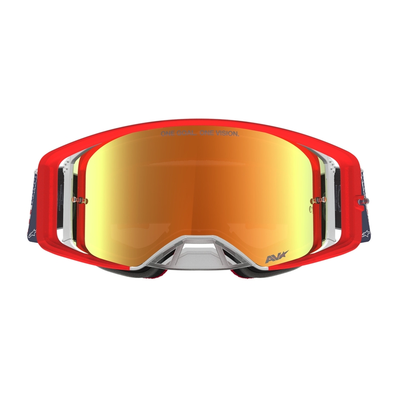 „Alpinestars Supertech Fiftyfold“ motokroso akiniai mėlyni-raudoni-balti su veidrodiniu raudonu plexiglasu