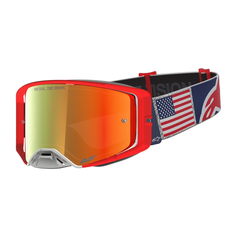 „Alpinestars Supertech Fiftyfold“ motokroso akiniai mėlyni-raudoni-balti su veidrodiniu raudonu plexiglasu