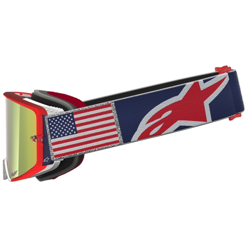 „Alpinestars Supertech Fiftyfold“ motokroso akiniai mėlyni-raudoni-balti su veidrodiniu raudonu plexiglasu