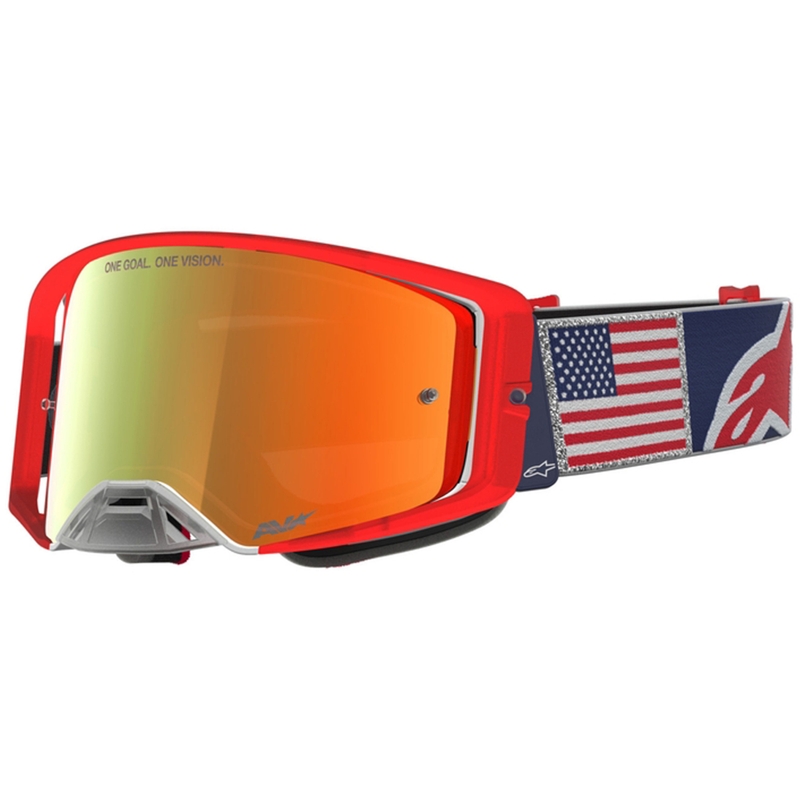 „Alpinestars Supertech Fiftyfold“ motokroso akiniai mėlyni-raudoni-balti su veidrodiniu raudonu plexiglasu