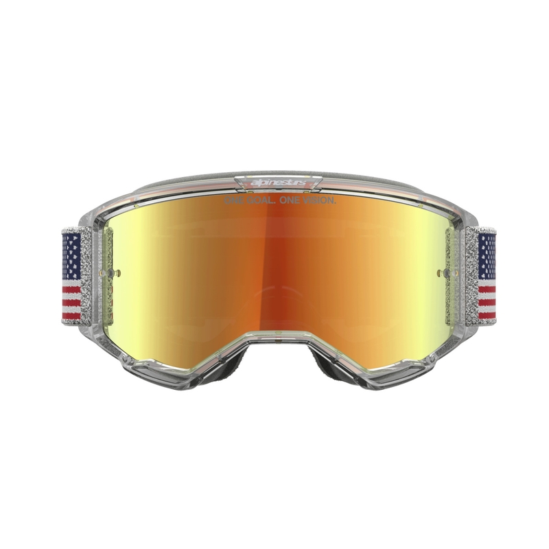 „Alpinestars Vision 5 Fiftyfold“ mėlynai raudonai balti motokroso akiniai su veidrodiniu raudonu lęšiu