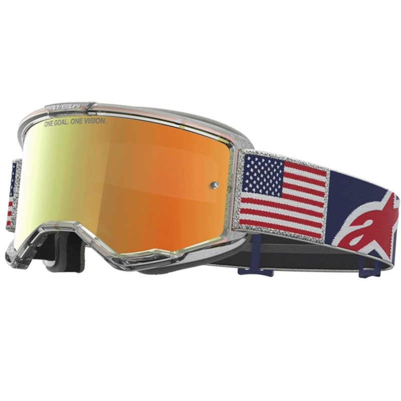 „Alpinestars Vision 5 Fiftyfold“ mėlynai raudonai balti motokroso akiniai su veidrodiniu raudonu lęšiu