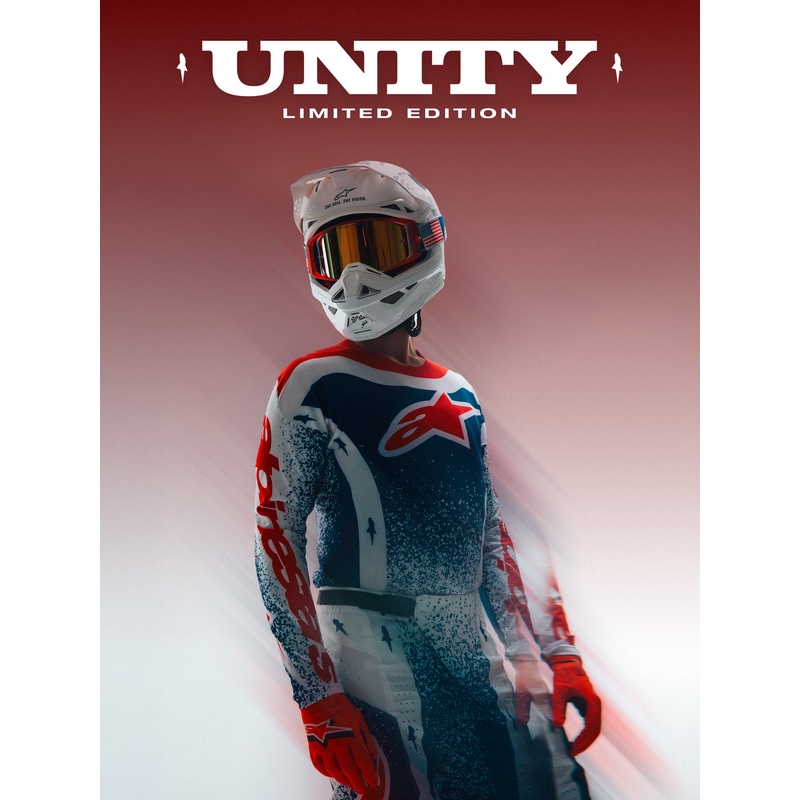 „Alpinestars Techstar“ riboto leidimo „Unity“ motokroso marškinėliai, raudoni-balti-mėlyni
