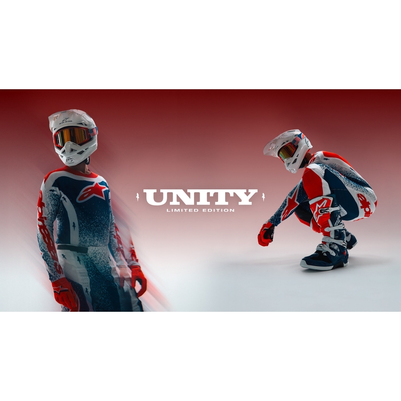„Alpinestars Techstar“ riboto leidimo „Unity“ motokroso marškinėliai, raudoni-balti-mėlyni
