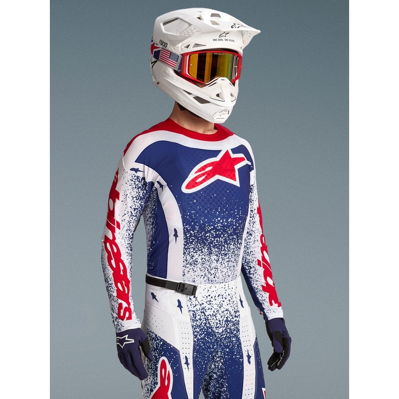 „Alpinestars Techstar“ riboto leidimo „Unity“ motokroso marškinėliai, raudoni-balti-mėlyni