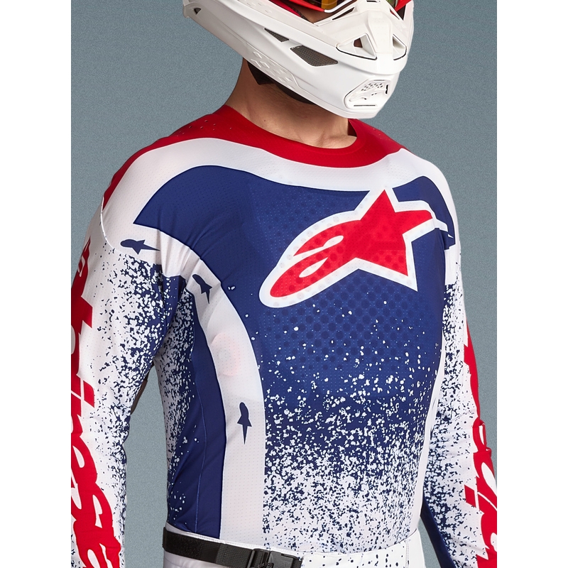 „Alpinestars Techstar“ riboto leidimo „Unity“ motokroso marškinėliai, raudoni-balti-mėlyni