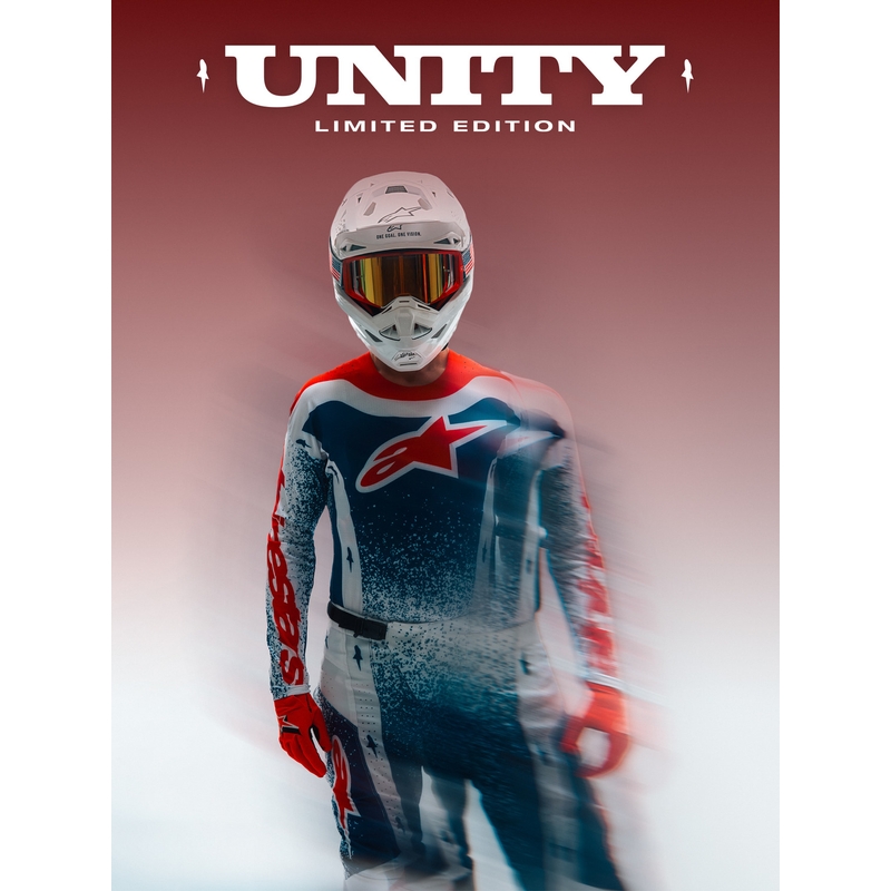 „Alpinestars Techstar Limited Edition Unity“ raudonos-baltos-mėlynos motokroso kelnės