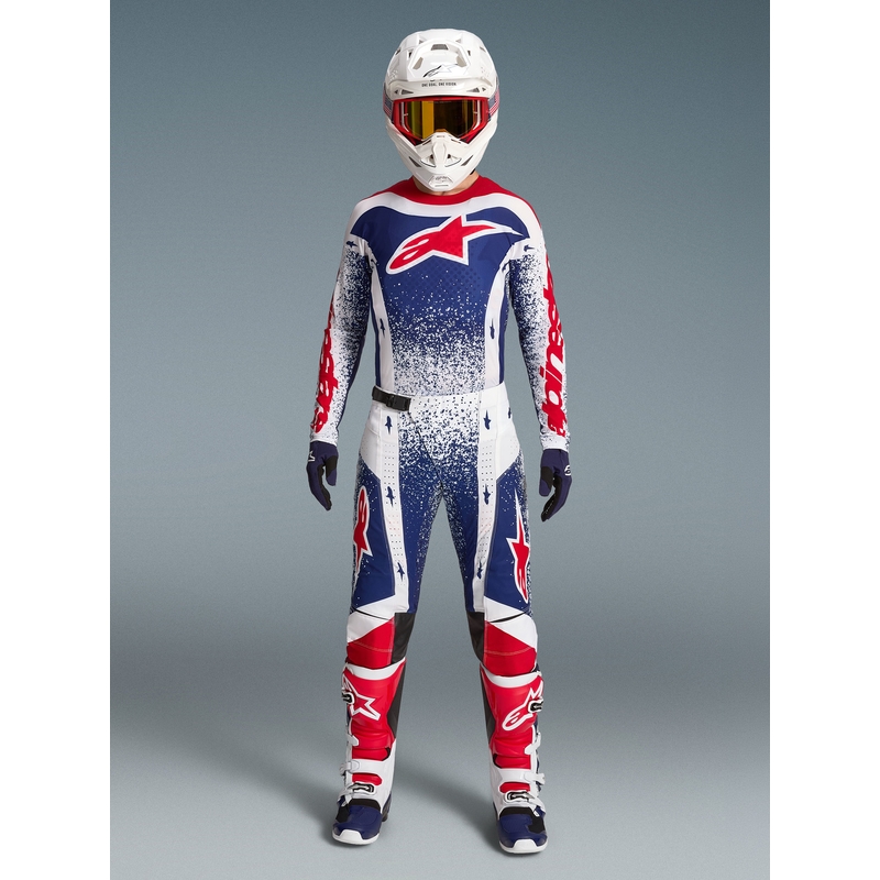 „Alpinestars Techstar Limited Edition Unity“ raudonos-baltos-mėlynos motokroso kelnės