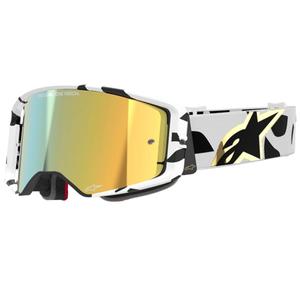 Alpinestars Supertech Corp baltos ir auksinės spalvos motokroso akiniai su veidrodiniais auksiniais lęšiais