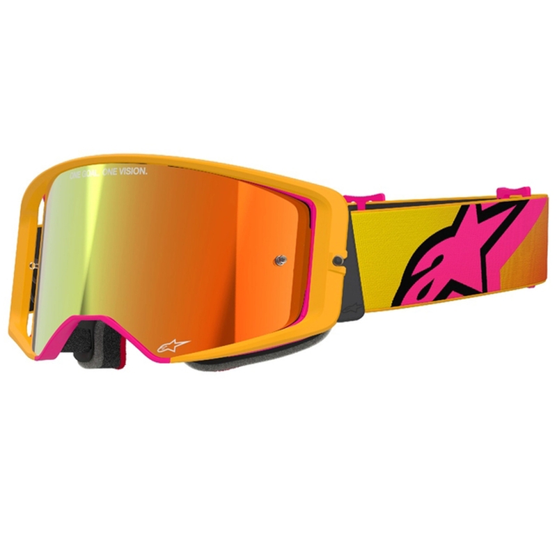 Alpinestars Supertech Corp motokroso akiniai geltonai rožinės spalvos su veidrodiniais raudonais lęšiais