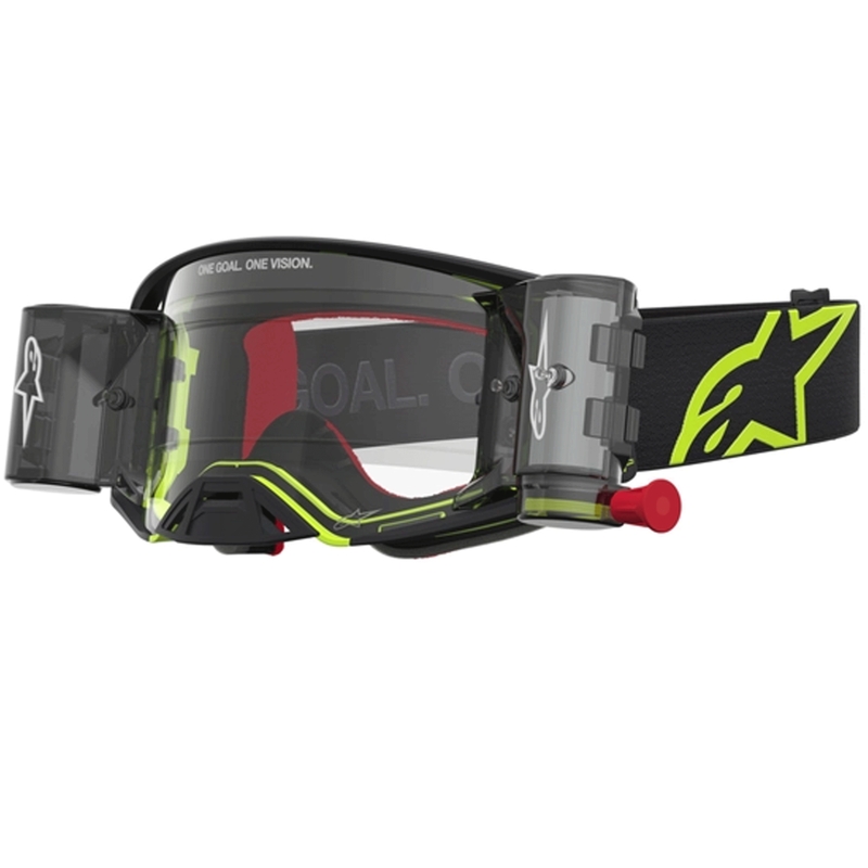 „Alpinestars Supertech Firma“ motokroso akiniai, juodi-fluorescenciniai geltoni su skaidriu plexiglasu