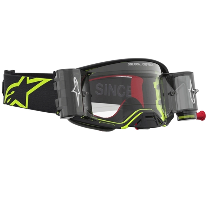 „Alpinestars Supertech Firma“ motokroso akiniai, juodi-fluorescenciniai geltoni su skaidriu plexiglasu