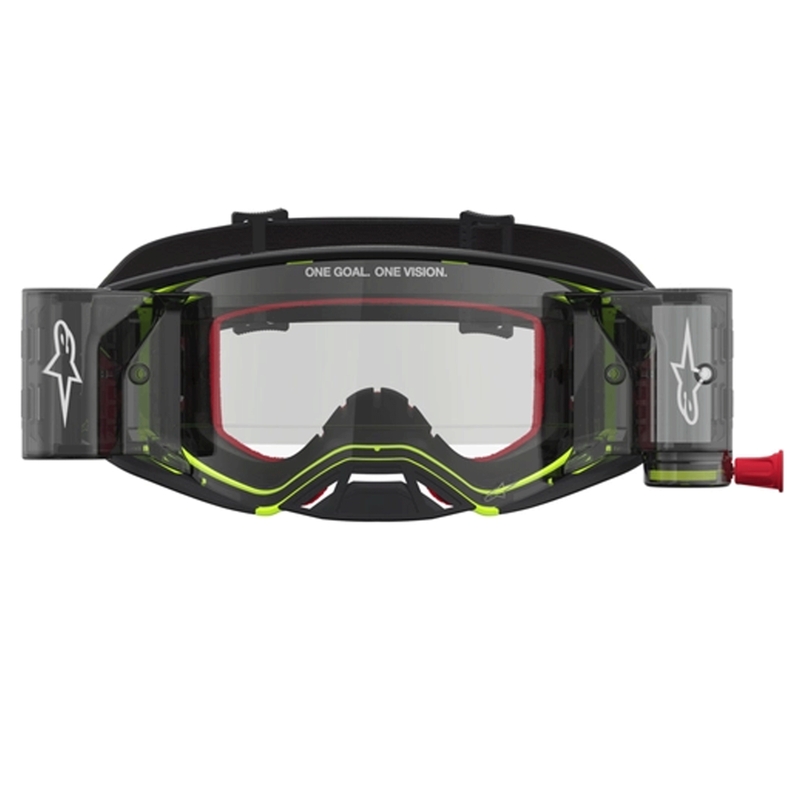 „Alpinestars Supertech Firma“ motokroso akiniai, juodi-fluorescenciniai geltoni su skaidriu plexiglasu