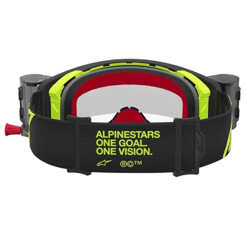 „Alpinestars Supertech Firma“ motokroso akiniai, juodi-fluorescenciniai geltoni su skaidriu plexiglasu