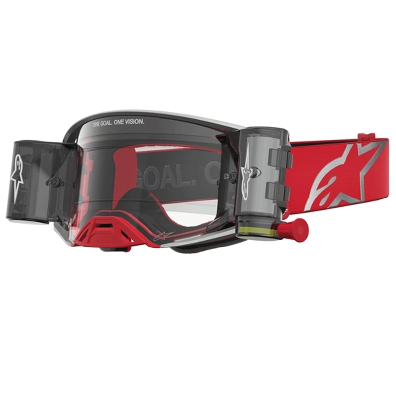 „Alpinestars Supertech Firma“ raudoni-sidabriniai motokroso akiniai su skaidriu plexiglasu