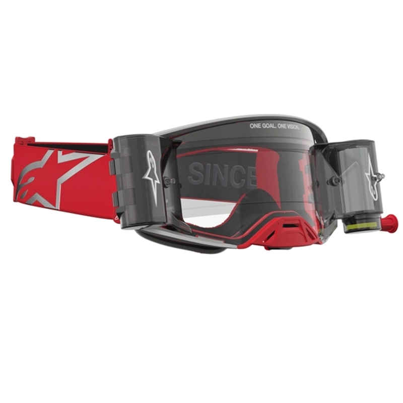 „Alpinestars Supertech Firma“ raudoni-sidabriniai motokroso akiniai su skaidriu plexiglasu