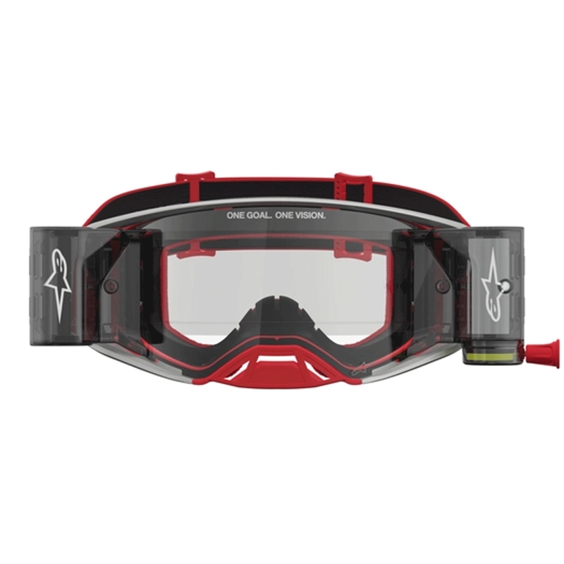 „Alpinestars Supertech Firma“ raudoni-sidabriniai motokroso akiniai su skaidriu plexiglasu