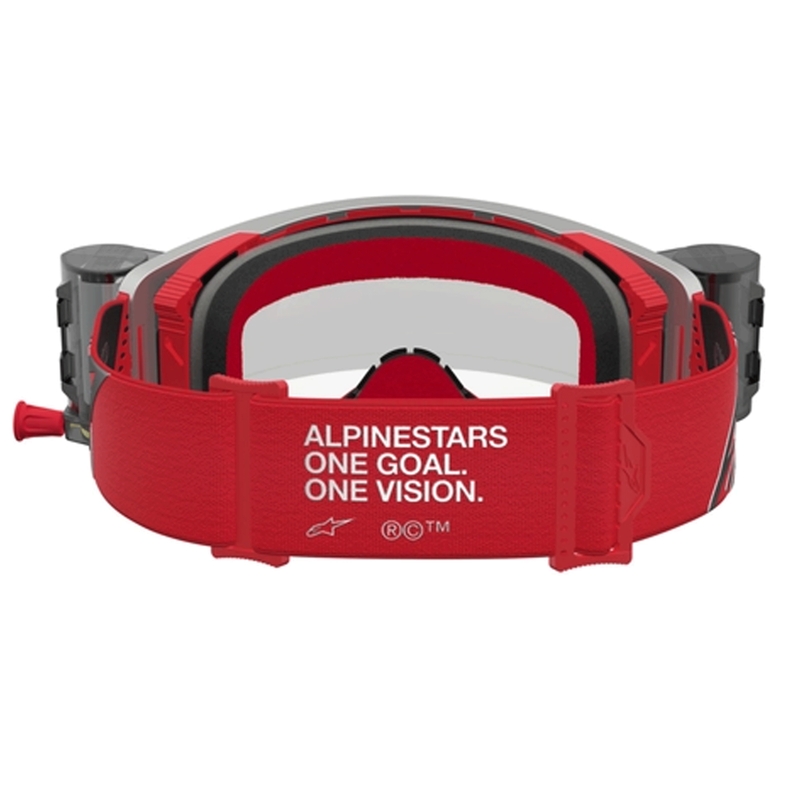 „Alpinestars Supertech Firma“ raudoni-sidabriniai motokroso akiniai su skaidriu plexiglasu