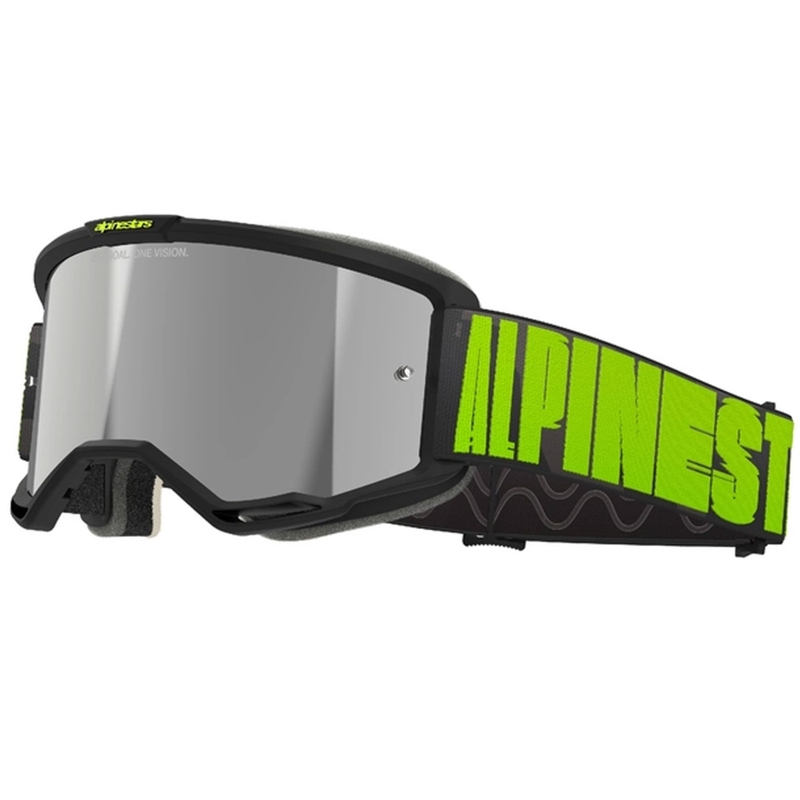 "Alpinestars Vision 5 Hollow" pilkai geltoni motokroso akiniai su sidabriniais veidrodiniais stiklais