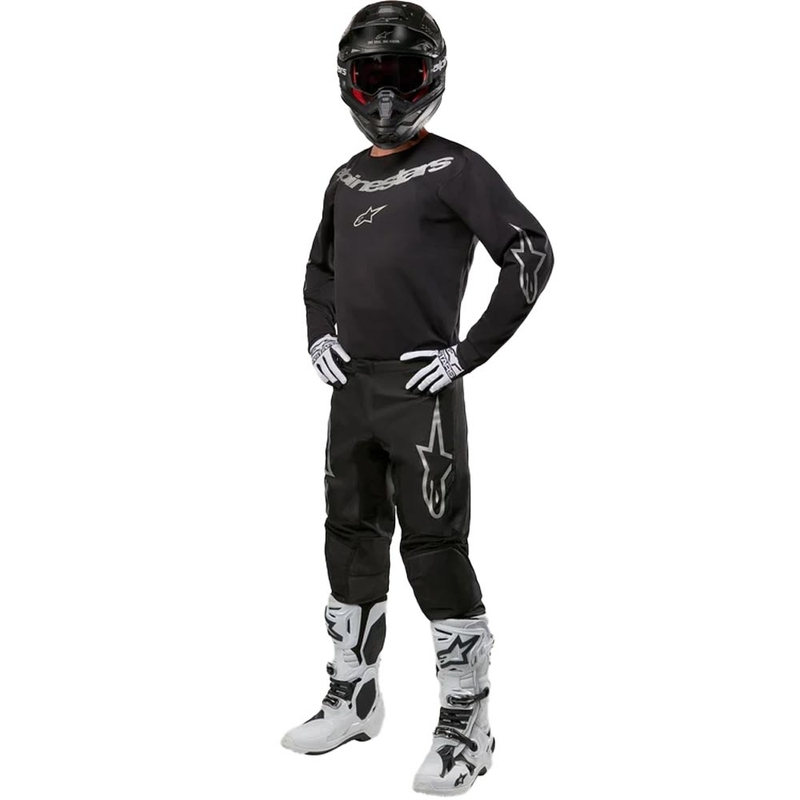Alpinestars Fluid Graphite motokroso kelnės juodos ir sidabrinės spalvos