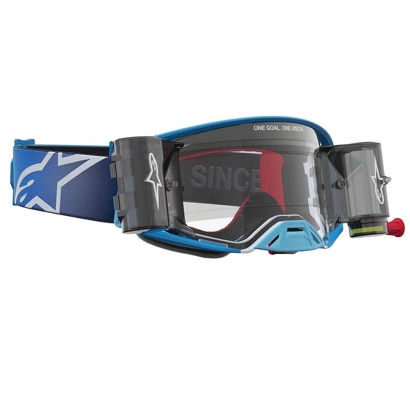 „Alpinestars Supertech ROLL-OFF“ motokroso akiniai mėlynai sidabriniai su skaidriu plexiglasu