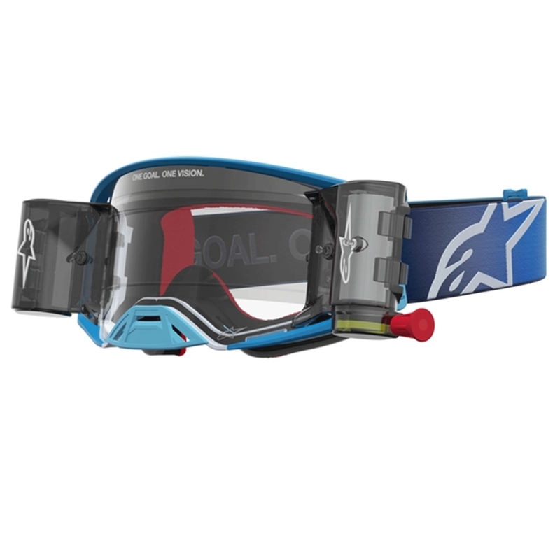 „Alpinestars Supertech ROLL-OFF“ motokroso akiniai mėlynai sidabriniai su skaidriu plexiglasu