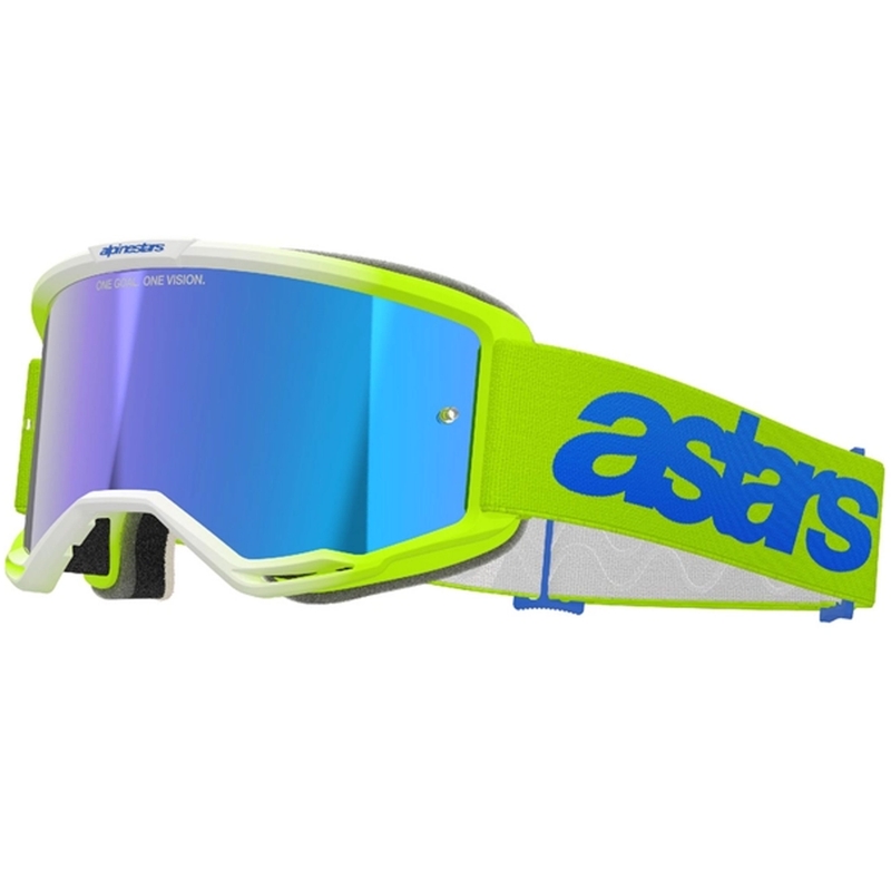 Alpinestars Vision 5 Blaze fluo geltonai-mėlyni motokroso akiniai su veidrodiniu mėlynu stiklu