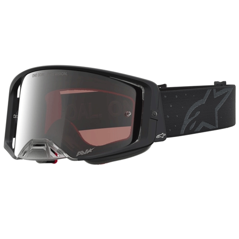 „Alpinestars Supertech Cloak“ motokroso akiniai, juodi su veidrodiniu sidabriniu plexiglasu