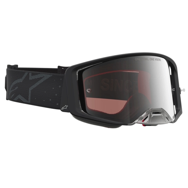 „Alpinestars Supertech Cloak“ motokroso akiniai, juodi su veidrodiniu sidabriniu plexiglasu