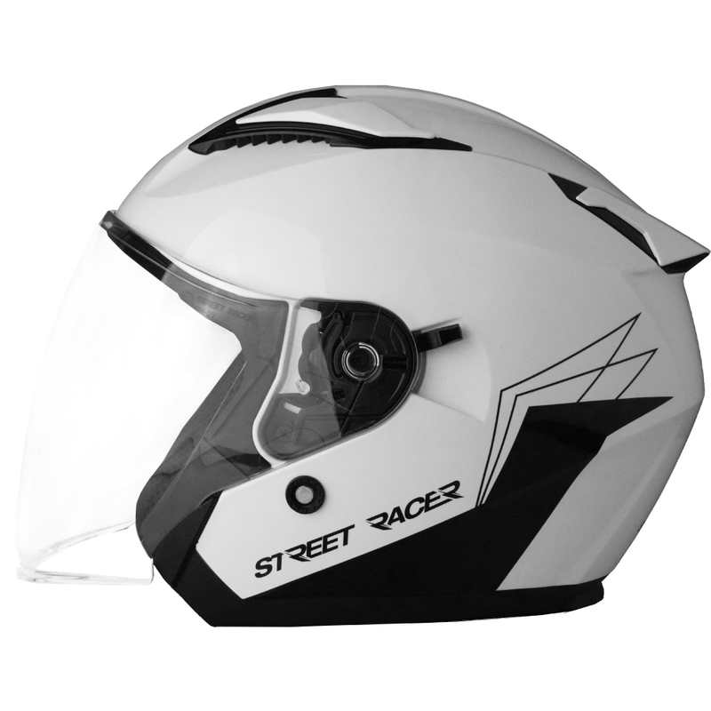 Atviras motociklo šalmas „Street Racer Sonic“ blizgiai baltas-juodas - II kokybės - II. kokybė