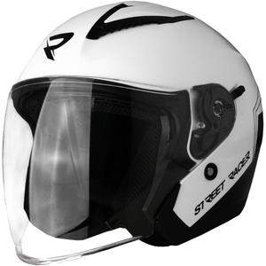 Atviras motociklo šalmas „Street Racer Sonic“ blizgiai baltas-juodas - II kokybės - II. kokybė