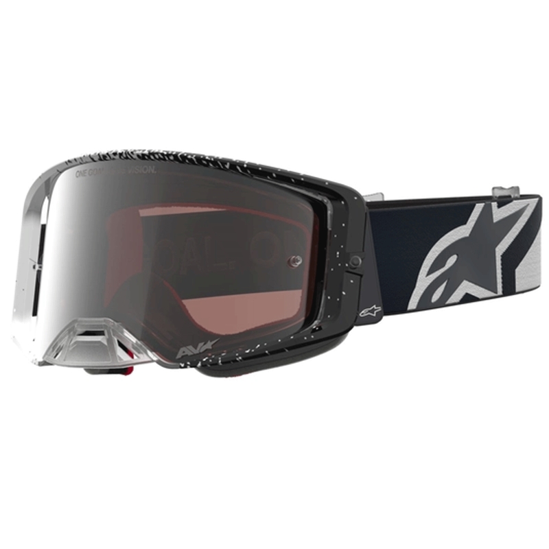 „Alpinestars Supertech“ motokroso akiniai, balti-juodi su veidrodiniu sidabriniu plexiglasu