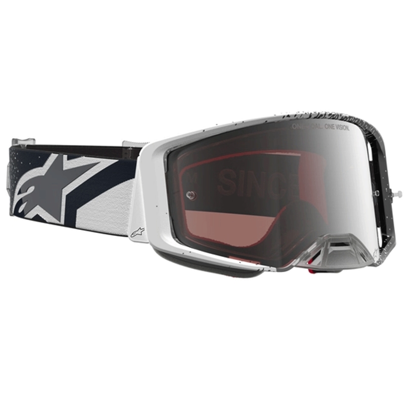 „Alpinestars Supertech“ motokroso akiniai, balti-juodi su veidrodiniu sidabriniu plexiglasu
