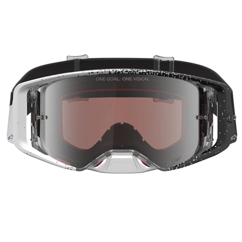„Alpinestars Supertech“ motokroso akiniai, balti-juodi su veidrodiniu sidabriniu plexiglasu