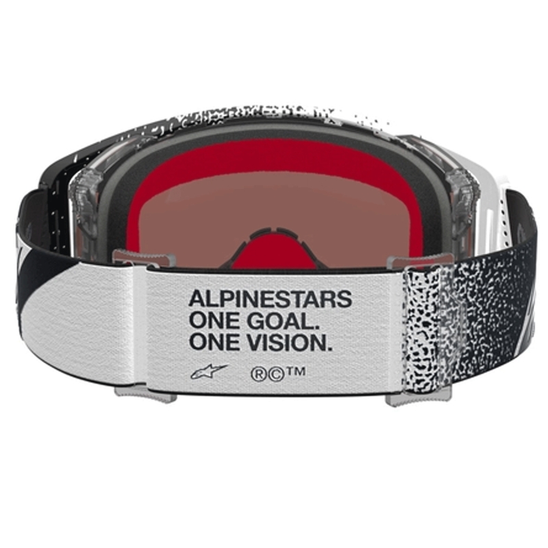 „Alpinestars Supertech“ motokroso akiniai, balti-juodi su veidrodiniu sidabriniu plexiglasu