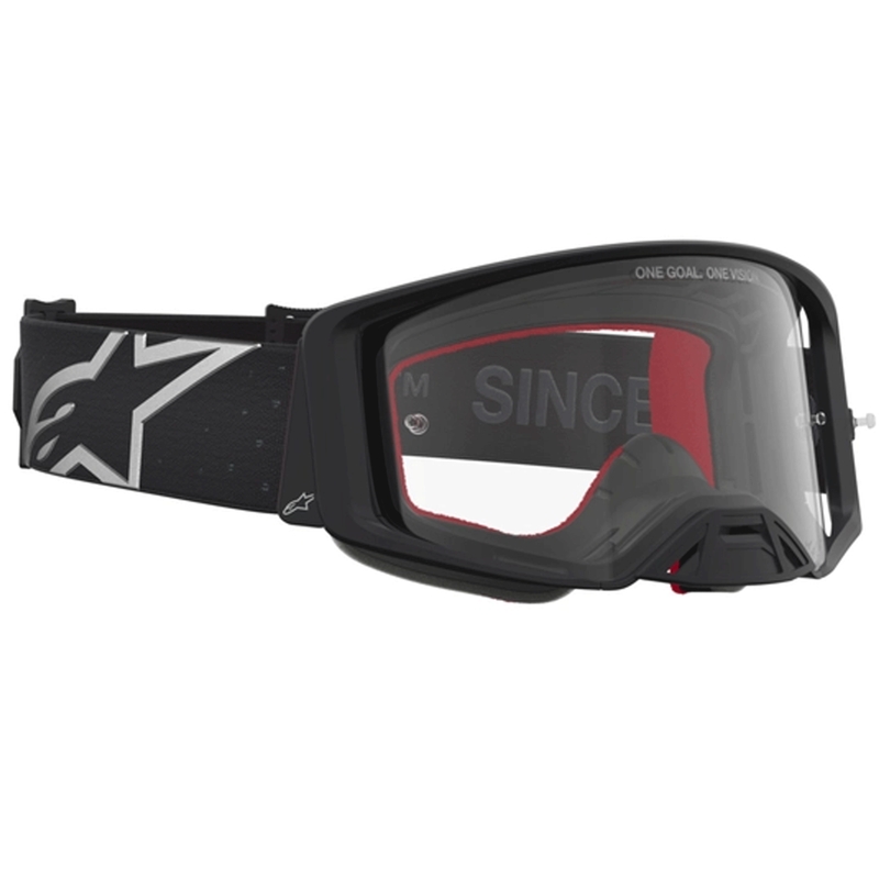 „Alpinestars Supertech Vesta“ motokroso akiniai, juodi-sidabriniai su skaidriu plexiglasu