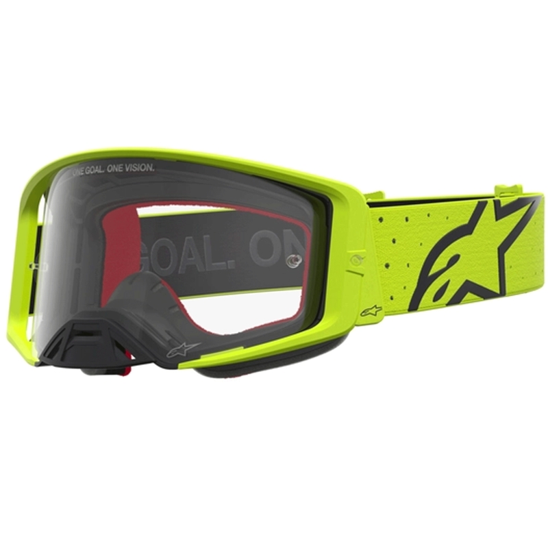 „Alpinestars Supertech Vesta“ fluorescencinės geltonos-juodos spalvos motokroso akiniai (skaidrus organinis stiklas)
