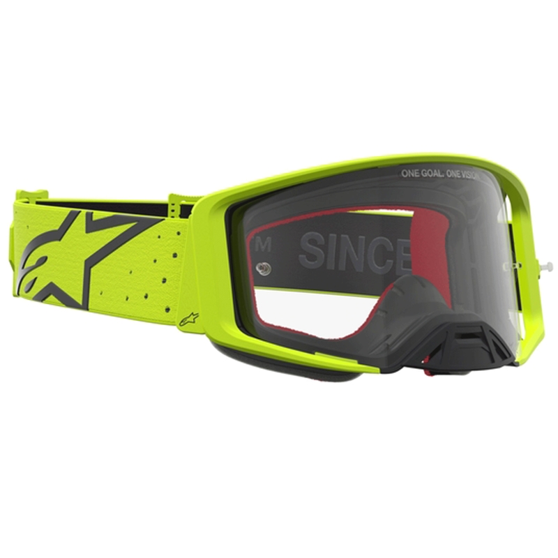 „Alpinestars Supertech Vesta“ fluorescencinės geltonos-juodos spalvos motokroso akiniai (skaidrus organinis stiklas)