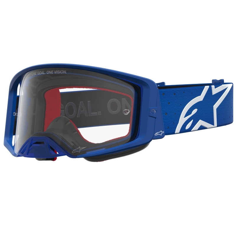 „Alpinestars Supertech Vesta“ mėlynai balti motokroso akiniai su skaidriu plexiglasu