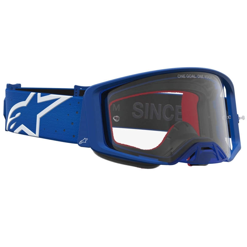 „Alpinestars Supertech Vesta“ mėlynai balti motokroso akiniai su skaidriu plexiglasu