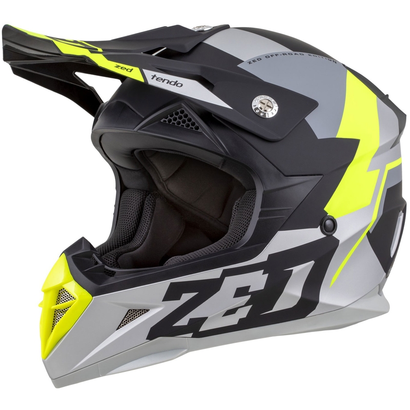 Vaikiškas motokroso šalmas ZED X1.9D TENDO matinis juodas-tamsiai pilkas-šviesiai pilkas-fluo geltonas - II. kokybė
