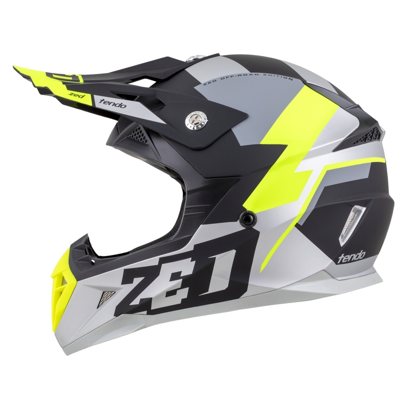 Vaikiškas motokroso šalmas ZED X1.9D TENDO matinis juodas-tamsiai pilkas-šviesiai pilkas-fluo geltonas - II. kokybė