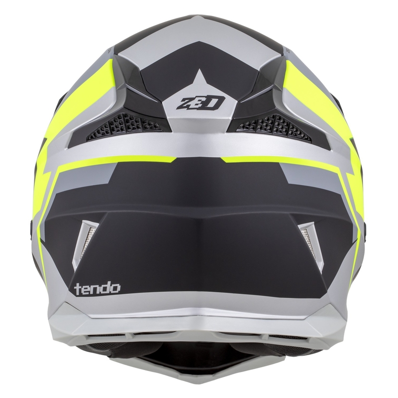 Vaikiškas motokroso šalmas ZED X1.9D TENDO matinis juodas-tamsiai pilkas-šviesiai pilkas-fluo geltonas - II. kokybė