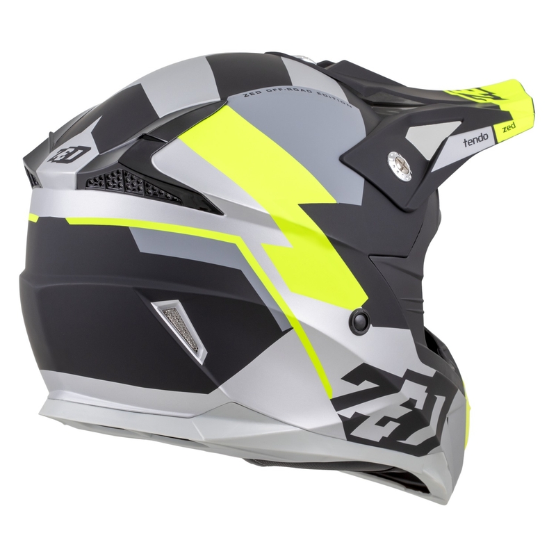 Vaikiškas motokroso šalmas ZED X1.9D TENDO matinis juodas-tamsiai pilkas-šviesiai pilkas-fluo geltonas - II. kokybė