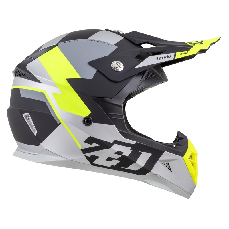 Vaikiškas motokroso šalmas ZED X1.9D TENDO matinis juodas-tamsiai pilkas-šviesiai pilkas-fluo geltonas - II. kokybė