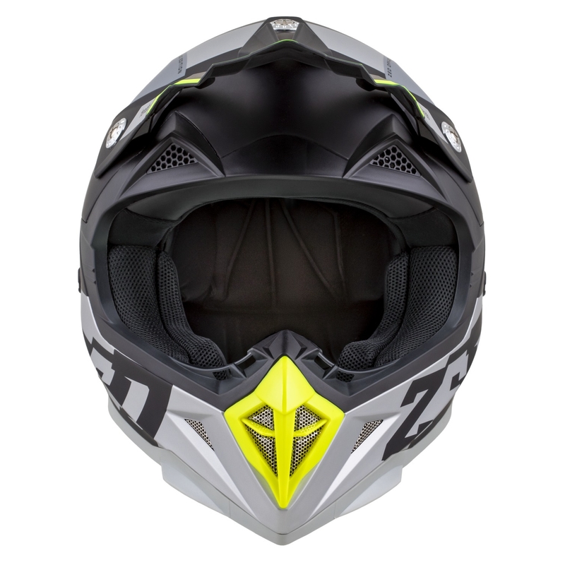 Vaikiškas motokroso šalmas ZED X1.9D TENDO matinis juodas-tamsiai pilkas-šviesiai pilkas-fluo geltonas - II. kokybė